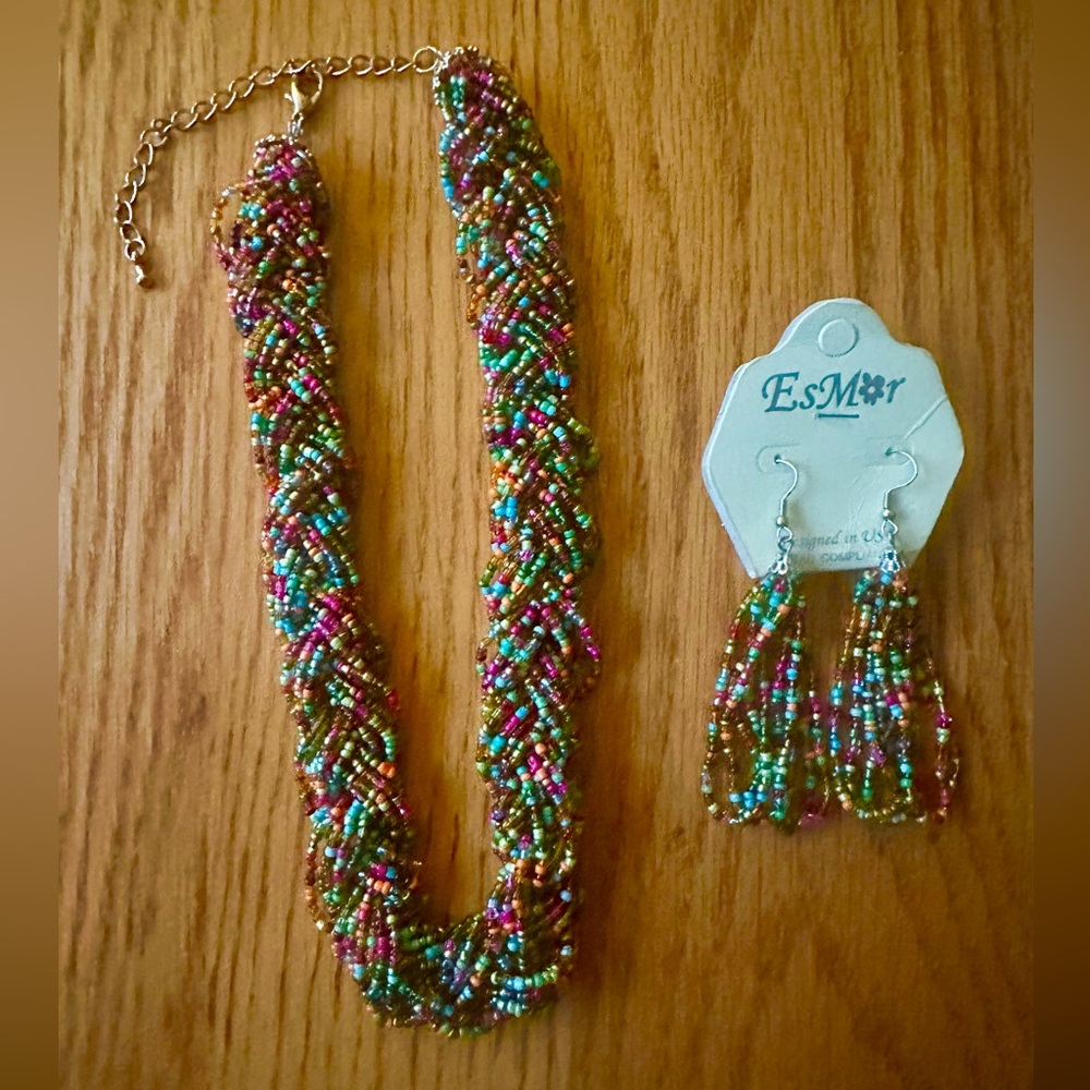 EsMor Multi-Color Multi-Stranded Braided Seed Bead Necklace & Earring Set NWT